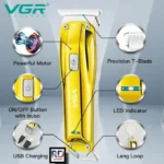 VGR-955 – ماكينة حلاقة كهربائية احترافية للرجال من في جي ار، شفرات ستانلس ستيل، قابلة للشحن، 3 أمشاط، ذهبي